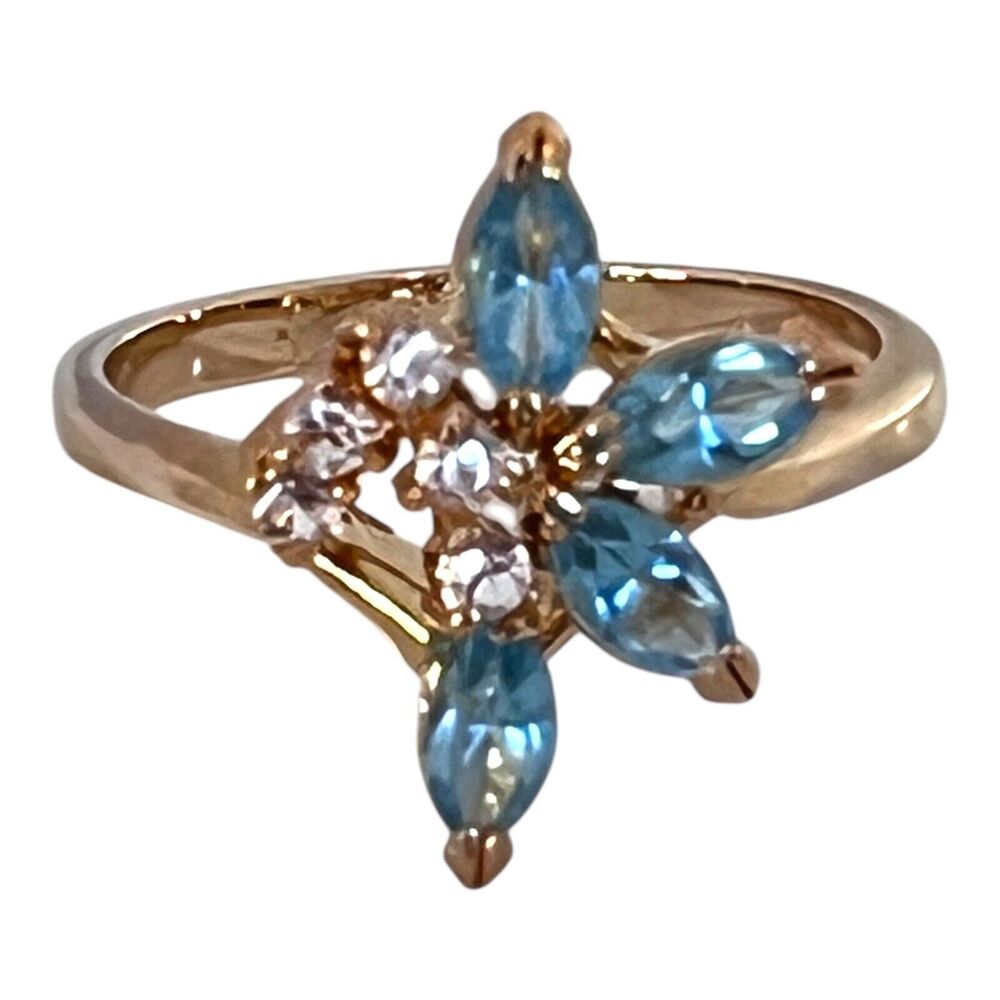 Vintage 1970s Austrian Crystal Ring Size 8 Blue Navette 14K Gold Plate - 6C - Picture 7 of 8